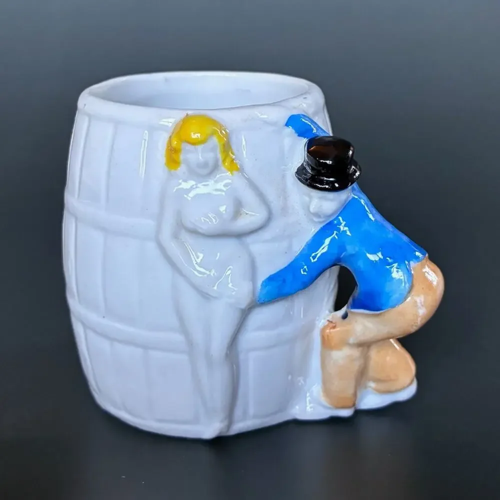Vintage Made in Japan Risqué Novelty Barrel Mug Figural Man Woman Ceramic